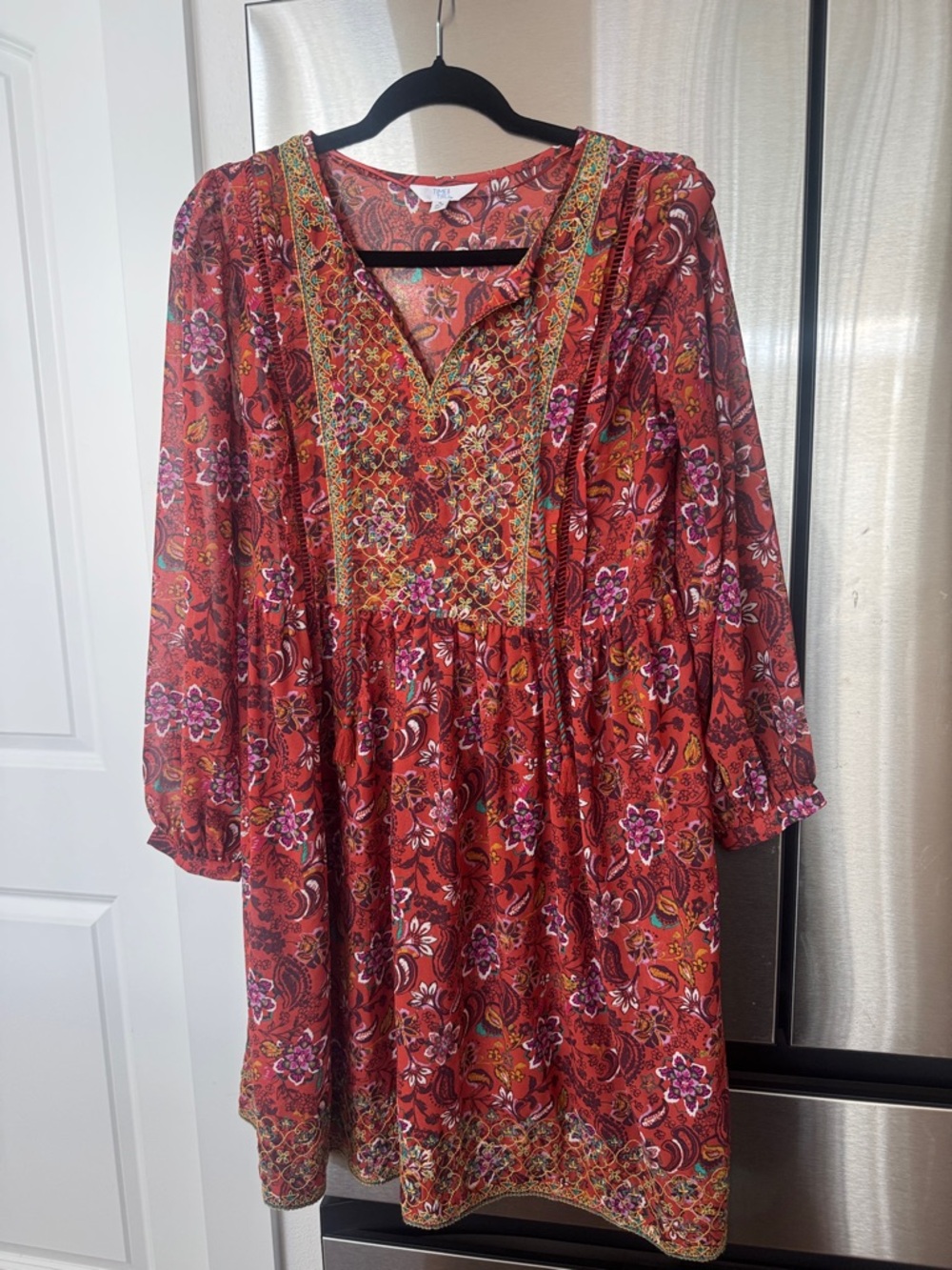 Time and Tru Red Paisley Floral Mini Dress with Embroidered V-Neck